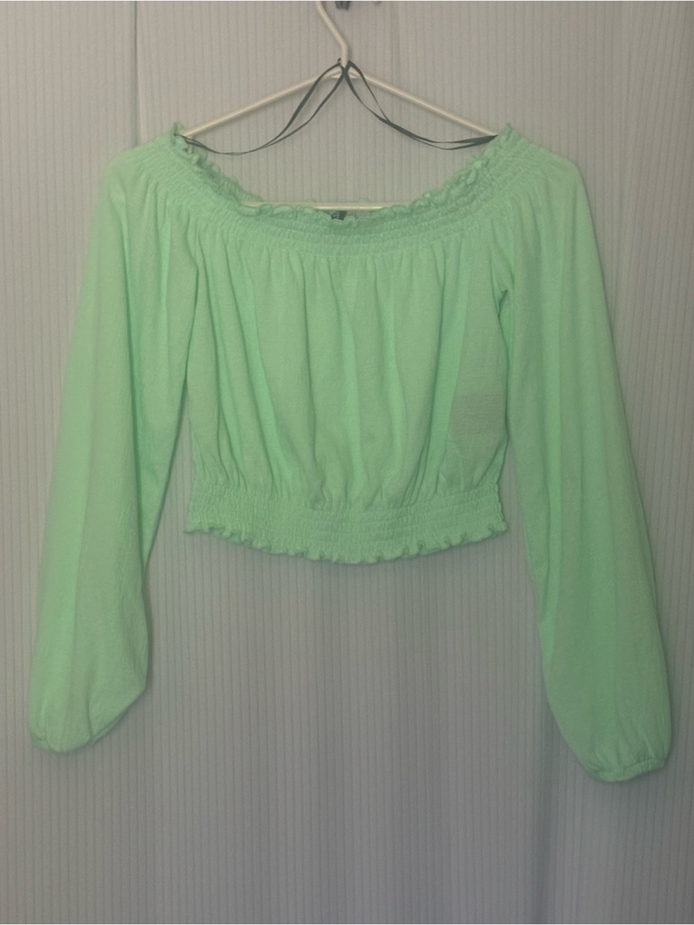 Divided Pastel Lime Green Crop Top On Off Shoulder Long Sleeve Rouged Neck Hem S
